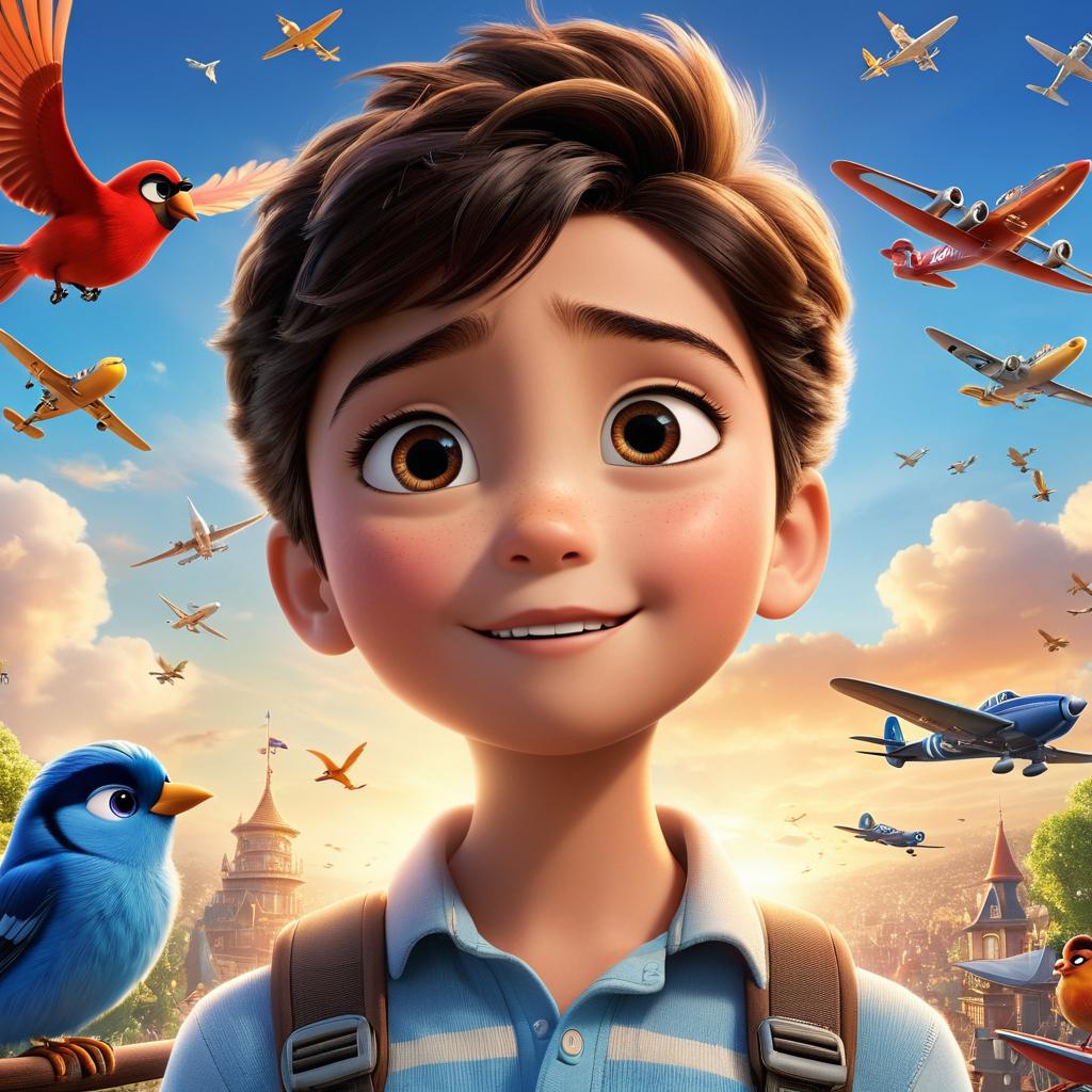  in 3d animated movie style. disney pixar style. puffy, a young and gentle character, admires a fleet of airplanes streaking across the sky, surrounded by chirpy and wise birds. the scene is depicted in a high resolution pixar 3d animated film style with a bird's eye view to emphasize the aircraft in flight. bright, soft lights illuminate the vibrant colors of the airplanes and the feathers of the birds.