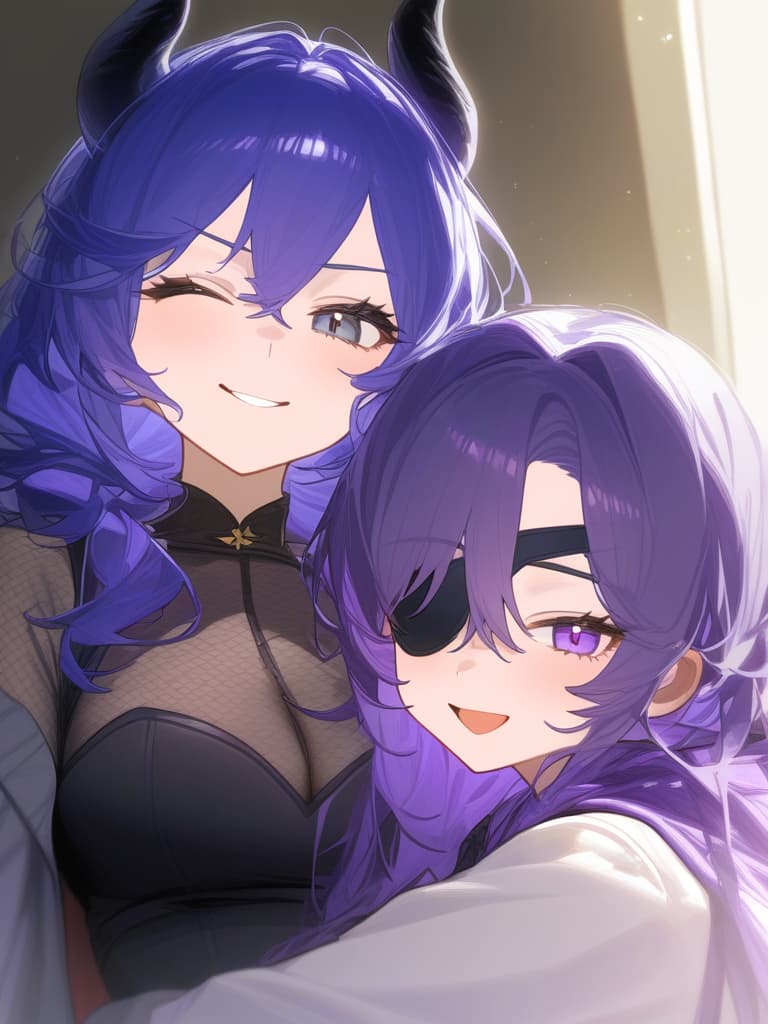  devils, walling, eye patches, best quality, mischievous smile, masterpiece, purple hair, black horns,