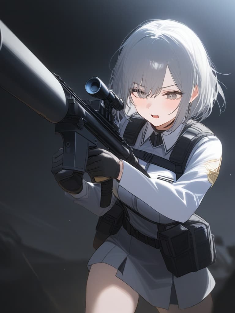  one girl, gray hair, bob cut, (masket gun: 1.2), (rape: 1.1), white military uniform