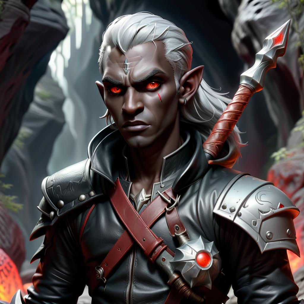  role playing game (rpg) style fantasy drow male elf cleric, dark grey graphite color skin, red eyes, silver medium haircut, black leather jacket, iron battle mace, impudent arrogant rude expression, traveler shoulder bag, half body view, dark cave temple . detailed, vibrant, immersive, reminiscent of high fantasy rpg games, civitai