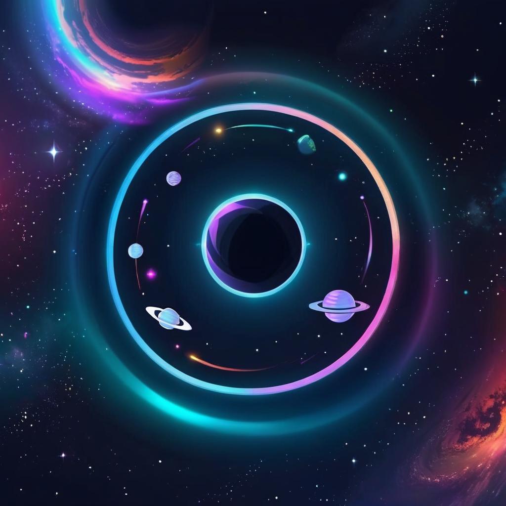  beautiful space like ring floating in space with planets around, (logo), advanced, high tech, sleek, sci fi, abstract, digital elements, metallic, neon colors, progressive