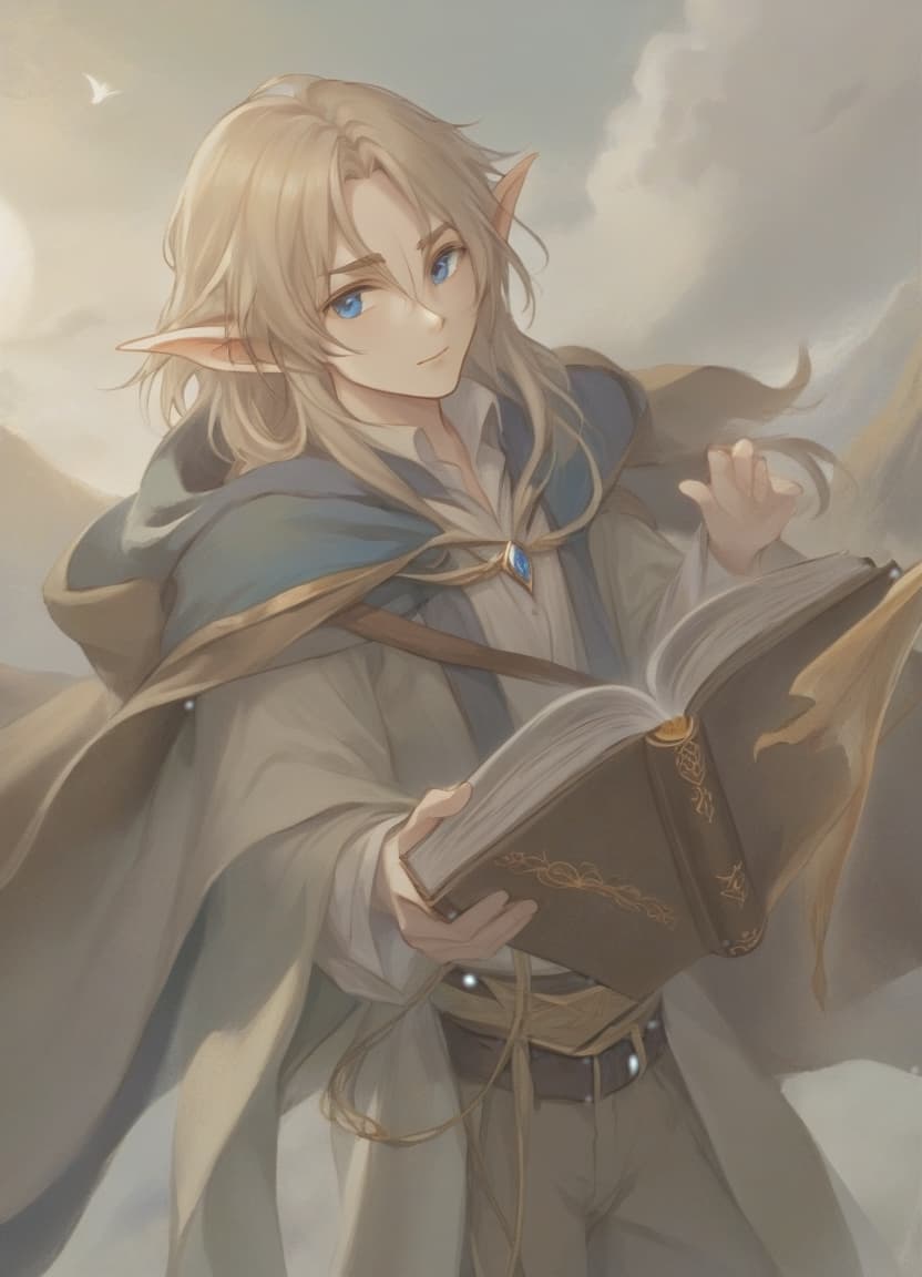  ethereal fantasy concept art of a beautiful elf with long straw hair and blue eyes, dressed in a white shirt and beige pants, hangs a brown cloak on his shoulders, holds an open book in his hands . magnificent, celestial, ethereal, painterly, epic, majestic, magical, fantasy art, cover art, dreamy, perfect hands