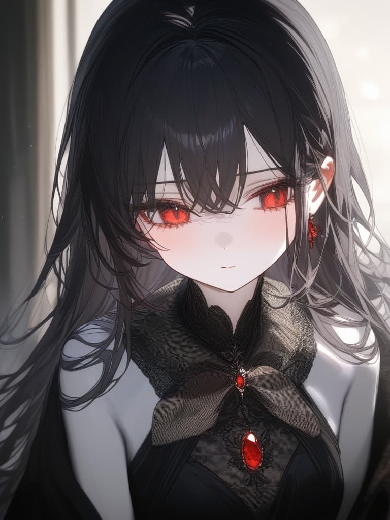  girls, thin body, black hair, red eyes, young face, black lace, dark background, mourning, black gloves, white skin, long hair, masterpiece, best quality,8k,ultra detailed,high resolution,an extremely delicate and beautiful,hyper detail