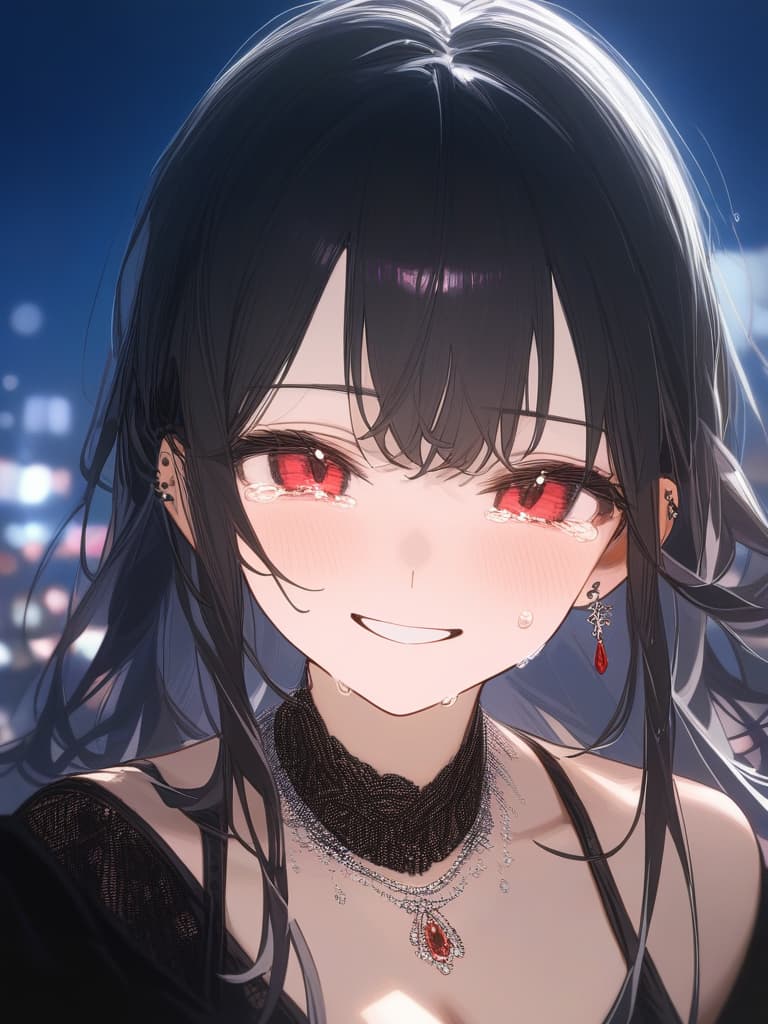  long hair, black hair, hair tips are pink, red eyes, hanging eyes, bangs lengths, smiles, adults, adult faces, piercings, necklaces, black lace clothes, thin makeup, night view, crying smile, hair is pale pink and black, tears, masterpiece, best quality,8k,ultra detailed,high resolution,an extremely delicate and beautiful,hyper detail