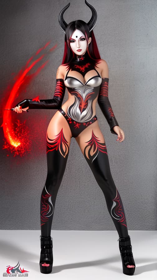  Full body red and Black flame pattern body paint, Silver body paint on the whole body, Silver face paint on the face, Dark elf 女性