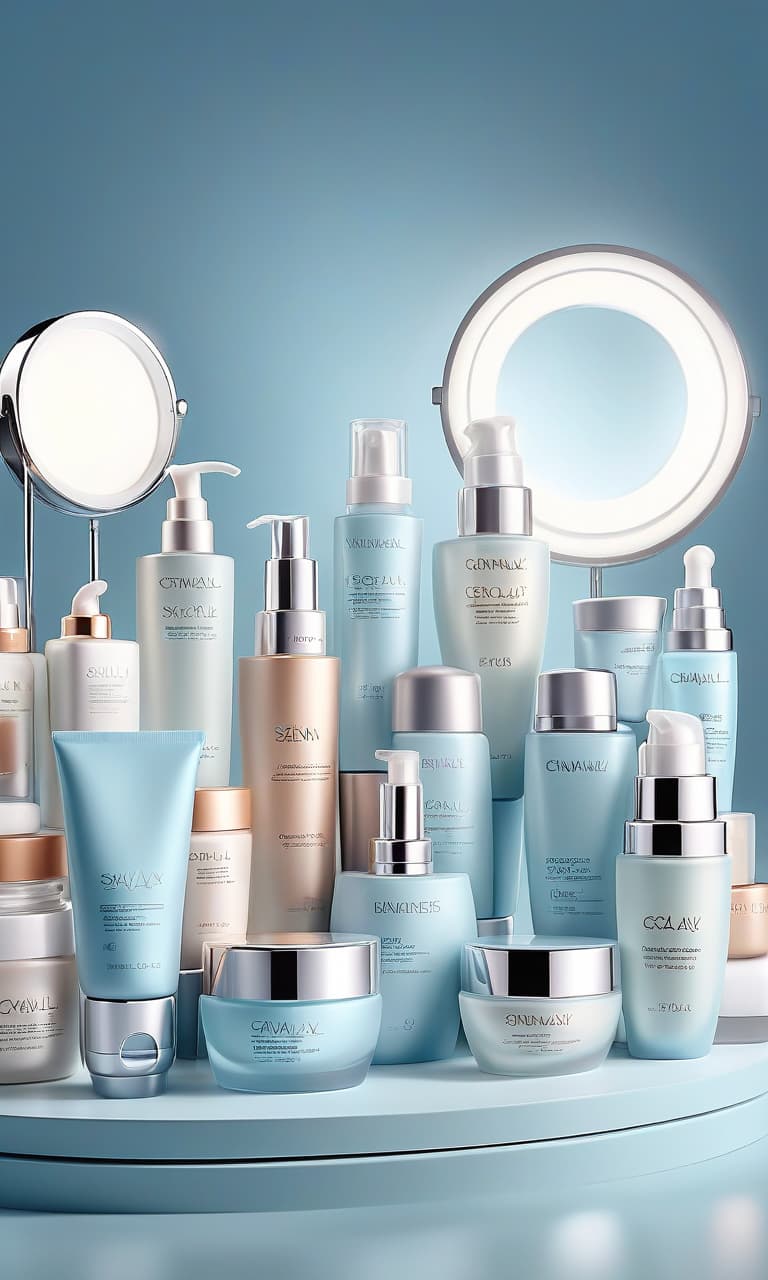  skin care products on the catwalk with spectacular lighting on a light pale blue background realistic hd version