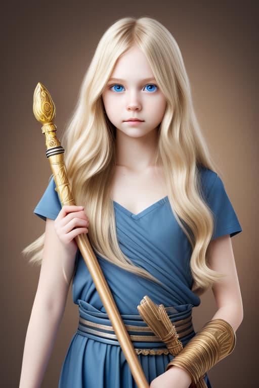  cute modern young adukt girl long wavy blonde hair blue eyes shy white skin holding a bronze sceptre epic background