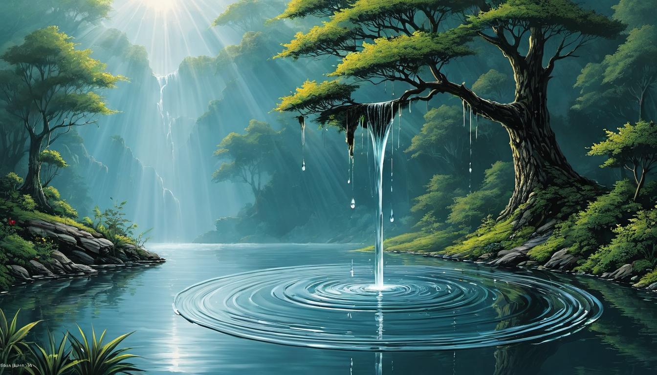  （surrealism)a drop of water falling into a pond, ripples extending outwards, spreading, influential mystic, intricate details, best quality)