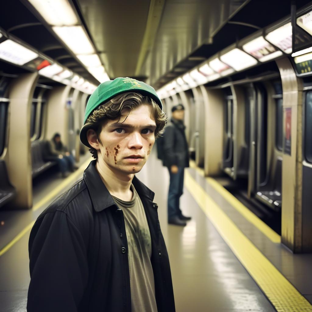  cinematic photo a young man, the leader of the farmers' faction. during the subway apocalypse . 35mm photograph, film, bokeh, professional, 4k, highly detailed, film photography style