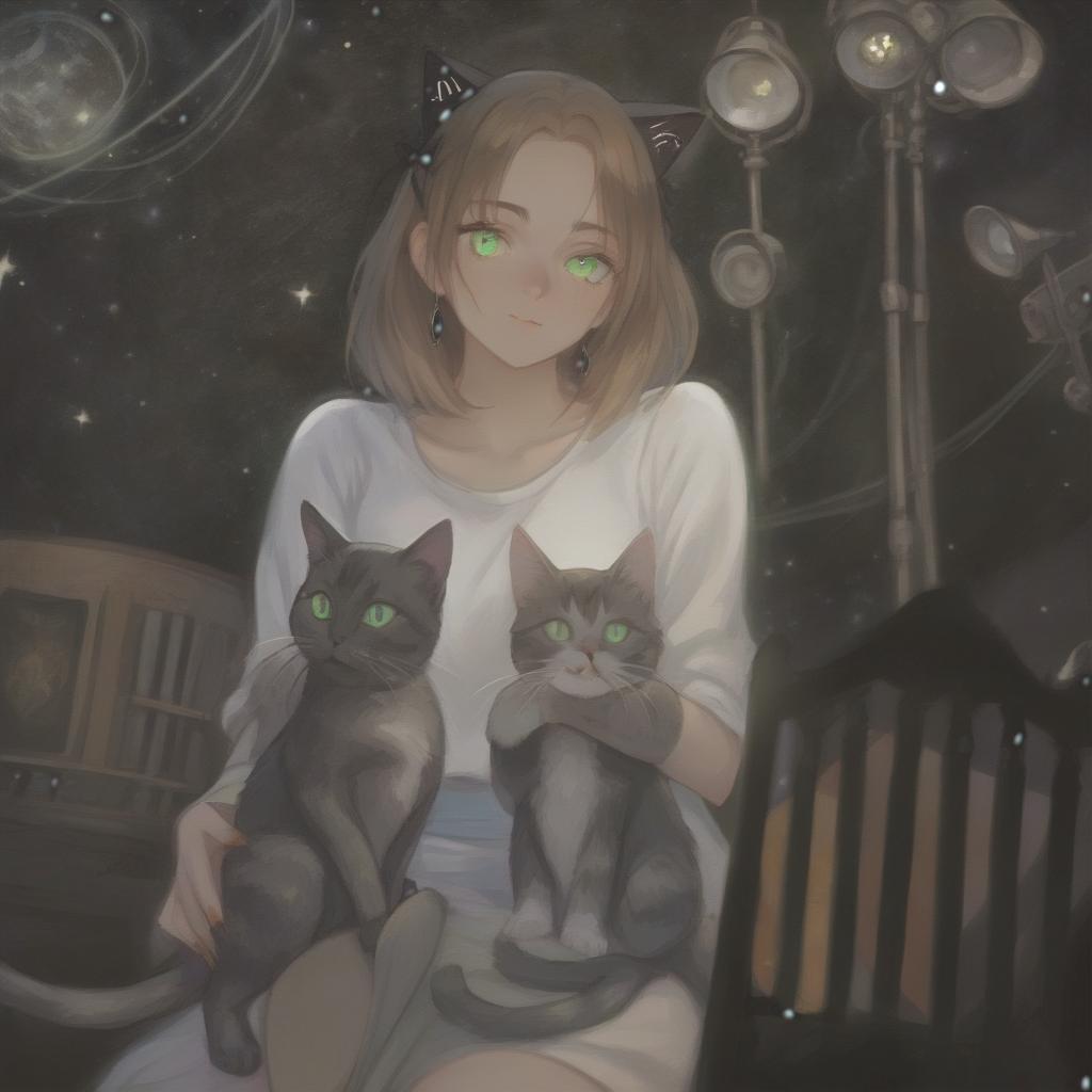  girl with green eyes holds two cats, spotlights, stage, space in the background, love of music, vocals, idol, stage, tarot