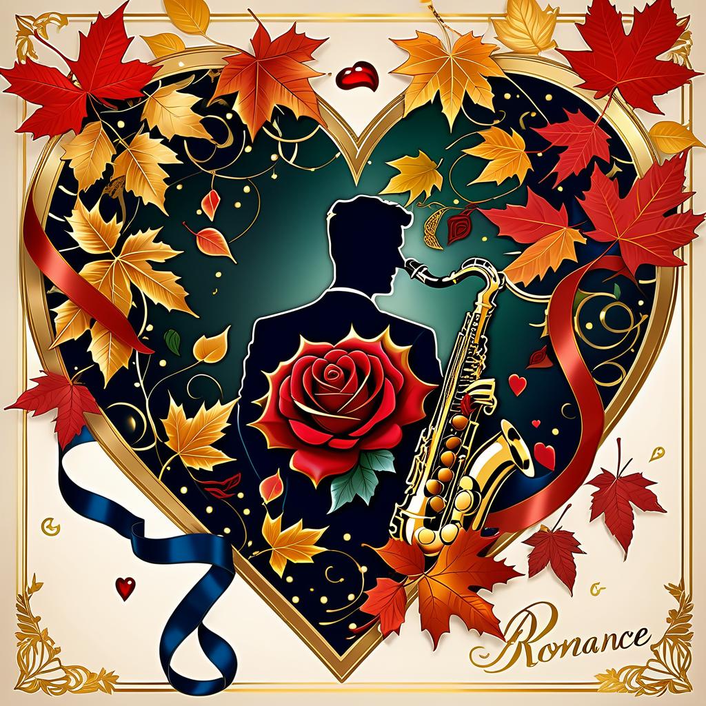  luxury product style (postcard background):falling autumn leaves, red roses, saxophone, satin ribbon, inscription "autumn romance" , retro, vintage, greeting card. autumn in the heart, (beautiful couple):man and woman, two faces in profile, heart scarlet rose (heart), beautiful figure of maple leaves outlines in the shape of a heart. (heart colour):night sky background, gold pattern. (style):fantasy, autumn art, autumn romance. (colours):gold, green gold, navy blue, red, red gold, brown gold, silver, golden blue, bluish blue. . elegant, sophisticated, high end, luxurious, professional, highly detailed