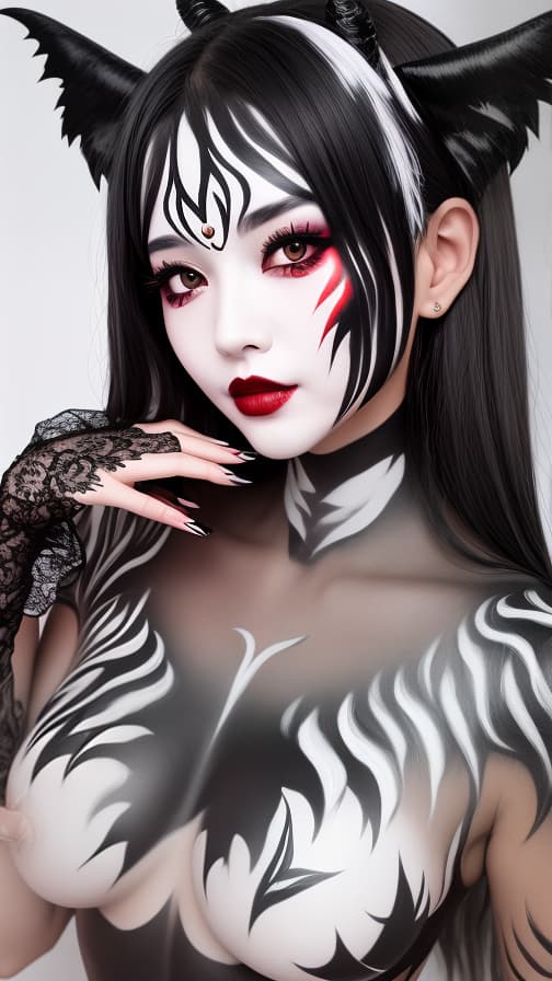  Black and White flame pattern body paint in every corner of the whole body, Grey body paint full body, Grey face paint on the face, two succubus sisters, full body image 女性