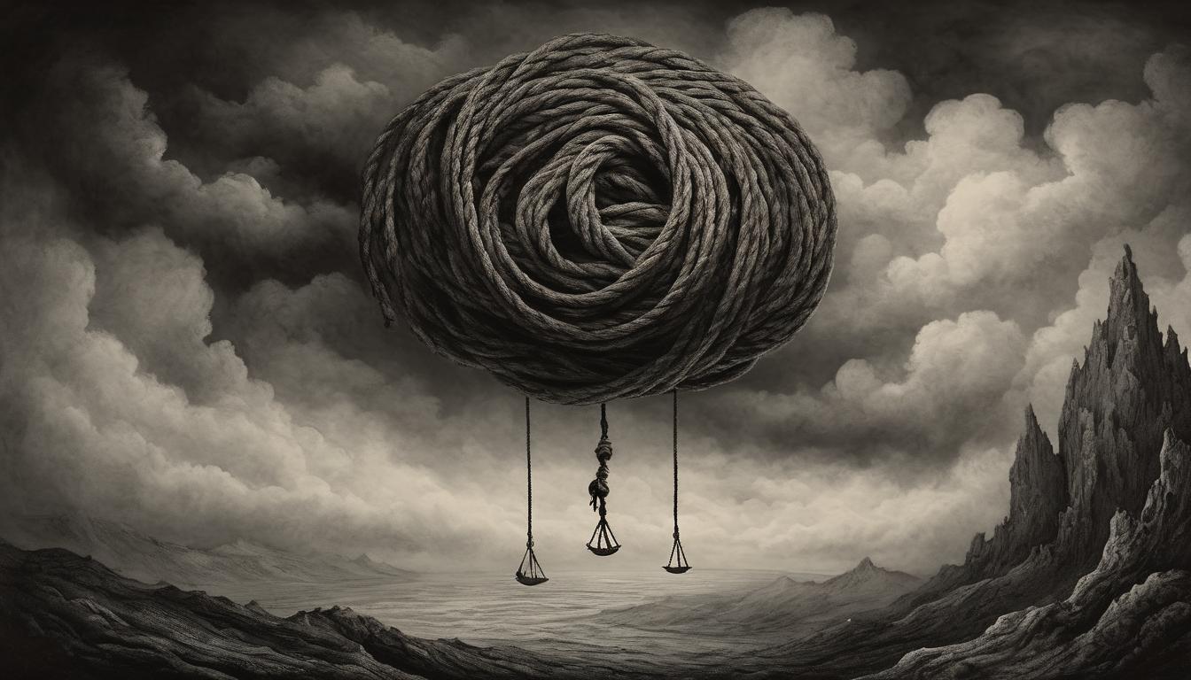  on parchment, surrealism++, frayed ropes, lying slack, contrasted against a backdrop of dark, swirling clouds, uncaptured bitterness(mysterious, provocative, symbolic)++