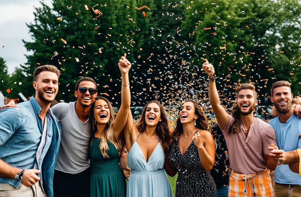  professional detailed photography, group of friends having fun at summer party throwing confetti in the air, young multiracial hipsters having fun on weekend outdoors ar 3:2, (muted colors, dim colors, soothing tones), (vsco:0.3)