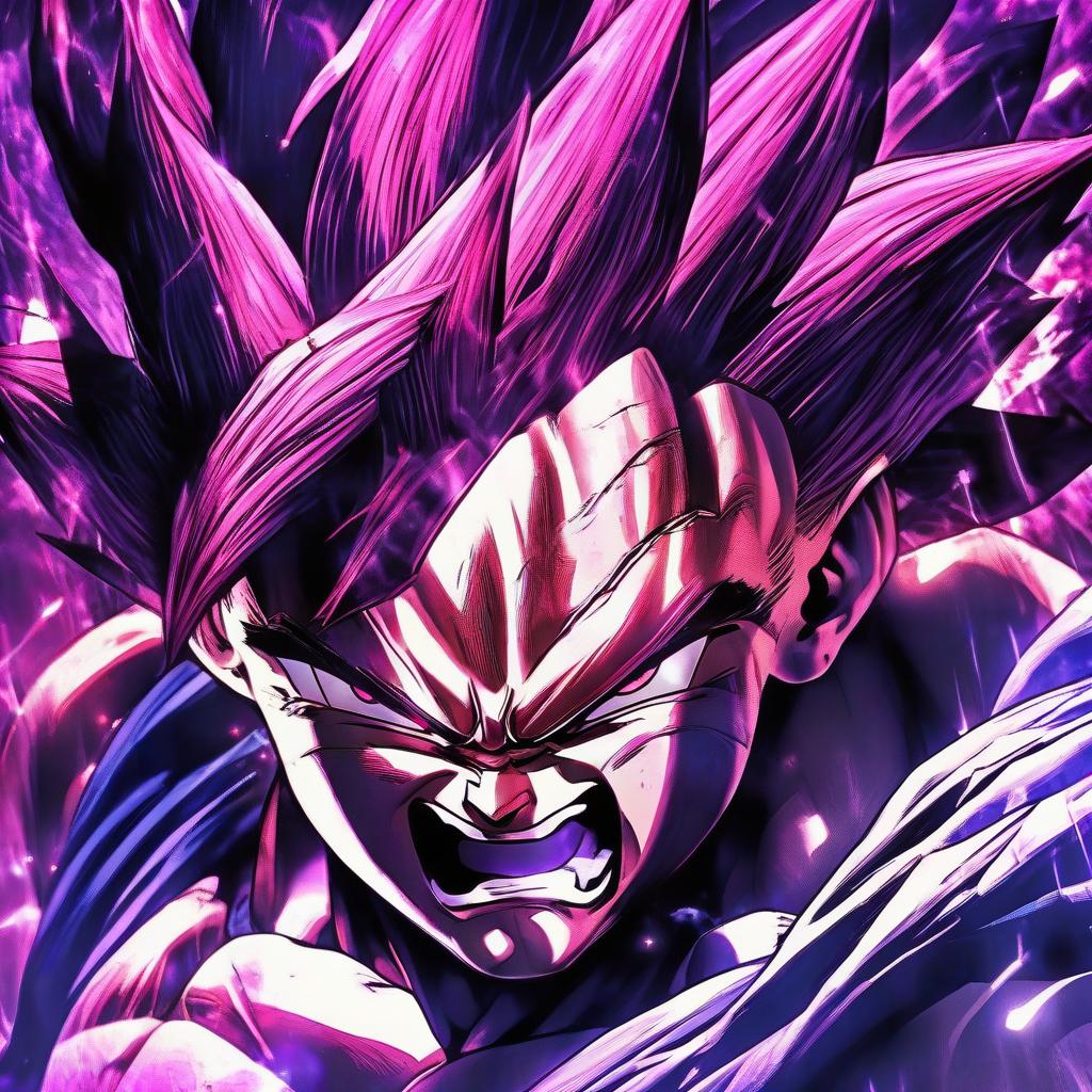  a close up of a person on a purple background, gogeta, dark nature background, super scale rendered, by ryūsei kishida, black crown, epic lighting, big bad, red aura, dark artslabcoats, character is standing, very clean art, very clear image