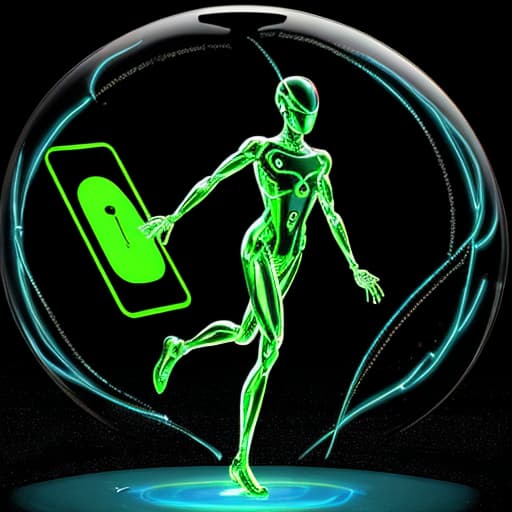  as clip art, A sleek, advanced android with metallic limbs and glowing circuitry leaned forward, its fingers deftly navigating a holographic keyboard, surrounded by a futuristic interface displaying streams of data.