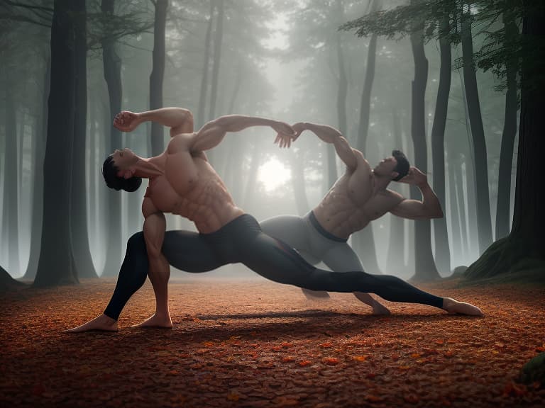  a professional and experienced male yoga teacher. it stands in a clearing. around him, his students perform the adho mukha svanasana pose., dynamic, action packed, thrilling, by neil leifer, walter iooss jr., bob martin, eadweard muybridge, robert capa hyperrealistic, full body, detailed clothing, highly detailed, cinematic lighting, stunningly beautiful, intricate, sharp focus, f/1. 8, 85mm, (centered image composition), (professionally color graded), ((bright soft diffused light)), volumetric fog, trending on instagram, trending on tumblr, HDR 4K, 8K