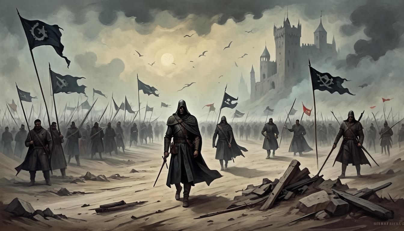  on parchment, surrealism+++, desolate battlefield with broken banners and tattered flags, shadowy figures retreating into the distance, mood of finality and irreversible defeat(mysterious, provocative, symbolic,muted color)+++