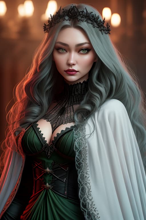  dark castle, gigi hadid with white long hair and green eyes, red dress, center, gothic style hyperrealistic, full body, detailed clothing, highly detailed, cinematic lighting, stunningly beautiful, intricate, sharp focus, f/1. 8, 85mm, (centered image composition), (professionally color graded), ((bright soft diffused light)), volumetric fog, trending on instagram, trending on tumblr, HDR 4K, 8K