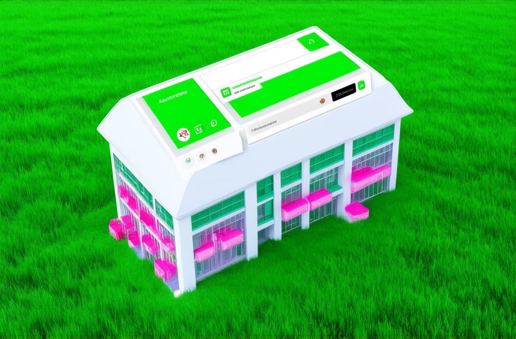  advertising style, stock photo, corporate branding style new building in green field, browser interface on top. green and pink colors ar 3:2 . professional, clean, modern, product focused, commercial, eye catching, minimalist, business oriented, highly detailed