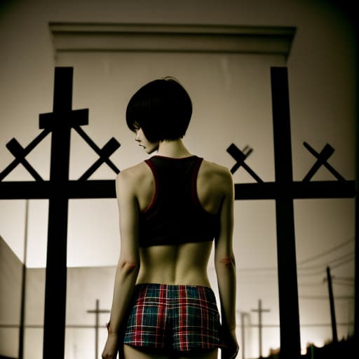  Color, Atmosphere dim, blurry back, girl short haired, in plaid boxers, tank top, creepy building, dim lit, demonic(demon) presence in background, crucifix sign, crucifix, cross(logo)