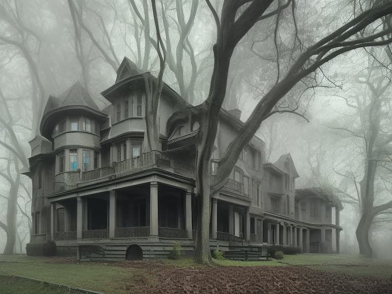 dvarchmodern dark realism, a huge mansion surrounded by woods, fog, it rains, slate atmosphere, cinematic, dimmed colors, dark shot, muted colors, film grainy, lut, spooky