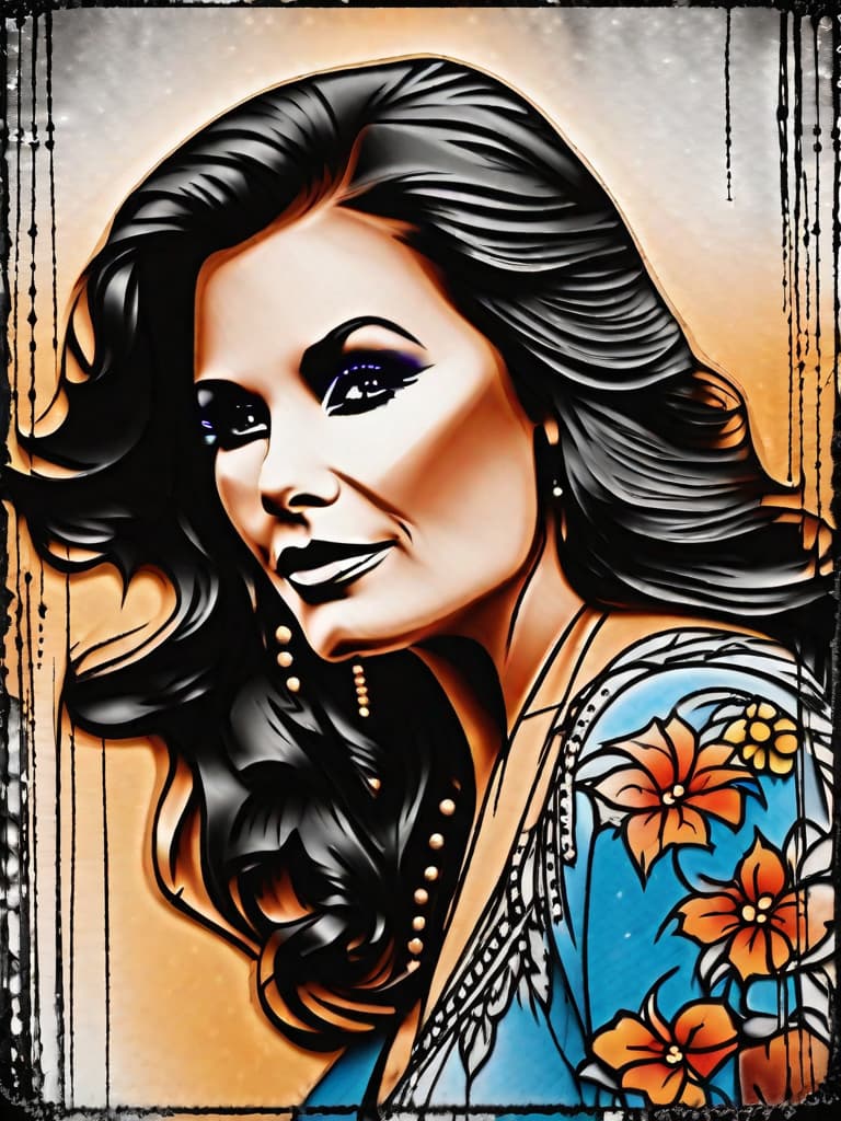  The young country singer Loretta Lynn, medium shot, upper body, spotlight, long exposure lighting, street art style spray paint, glamour lighting