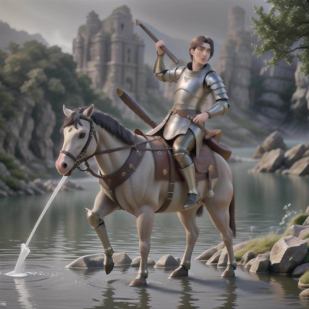  A knight throwing water from the lake, full color, Details, medieval atmosphere hyperrealistic, full body, detailed clothing, highly detailed, cinematic lighting, stunningly beautiful, intricate, sharp focus, f/1. 8, 85mm, (centered image composition), (professionally color graded), ((bright soft diffused light)), volumetric fog, trending on instagram, trending on tumblr, HDR 4K, 8K