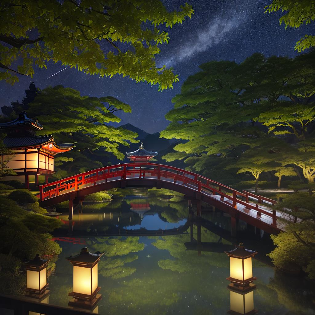  masterpiece, best quality,(fidelity: 1.4), best quality, masterpiece, ultra-high resolution, 8k resolution, night scene inspired by Japanese art, garden illuminated by paper lanterns and wooden bridge spanning a tranquil lake, there is a small Zen temple by the lake. The water reflects the stars.