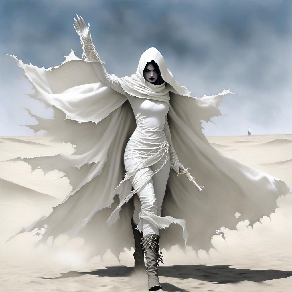  macabre style a fantasy girl with a dark face, in a white scarf on her face, in a white, in a white ragged, leaky cloak, in white gloves. . dark, gothic, grim, haunting, highly detailed