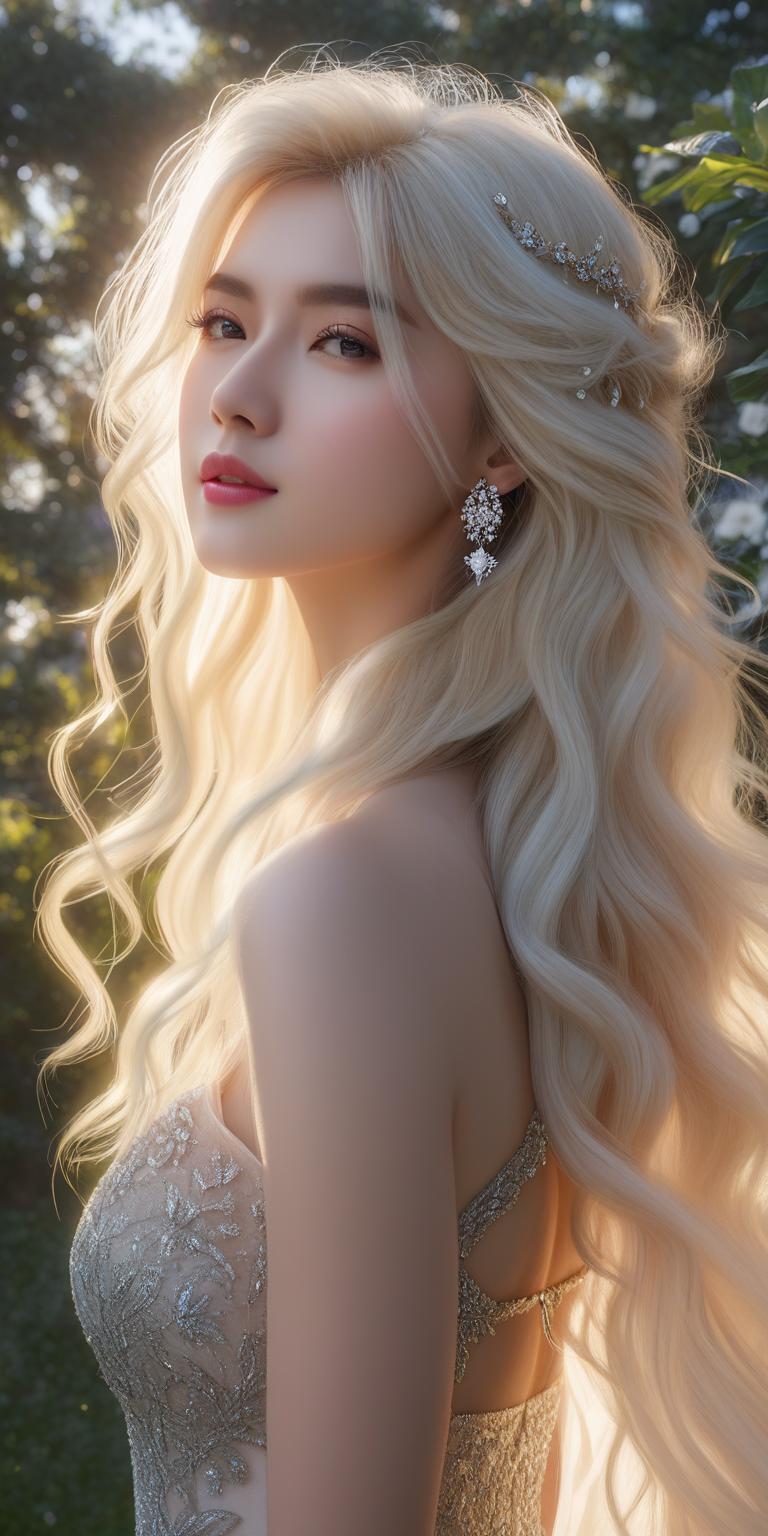  professional 3d model in the image, a beautiful blonde woman is posing with her back towards the viewer, displaying her long and luxurious hair. she appears to be in a garden setting, surrounded by trees, creating a serene atmosphere. her hair cascades down her back, and she is adorned with a pair of earrings, further enhancing her elegance.. octane render, highly detailed, volumetric, dramatic lighting