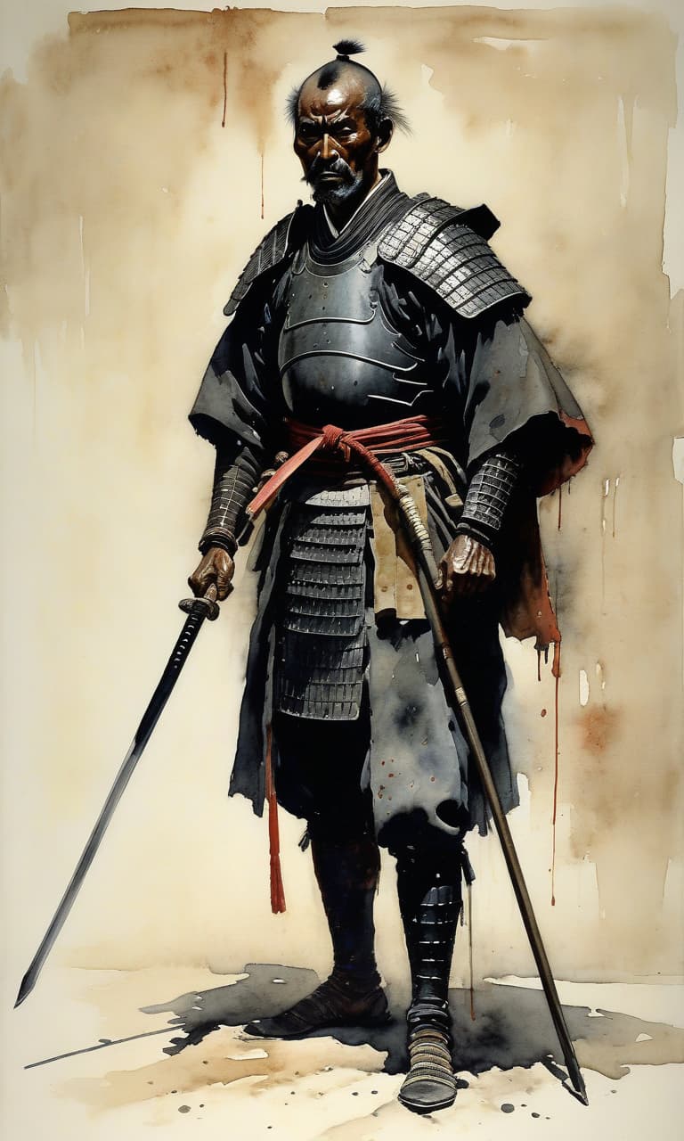  a tall, thin samurai of indeterminate age, in full quality black samurai armor. his skin is a sickly white color (sharp predatory features, his face looks gloomy and exhausted), there are dark circles under his eyes from fatigue (his hair is long and black with rare gray strands). his whole appearance makes a gloomy and stern impression. by howard pyle, (dim, watercolor 2 but extremely beautiful:1.4), (intricate details, masterpiece, best quality:1.4) , in the style of nicola samori, japanese style ink drawing, ink drawing, ink wash, japanese style ink drawing, looking at viewer