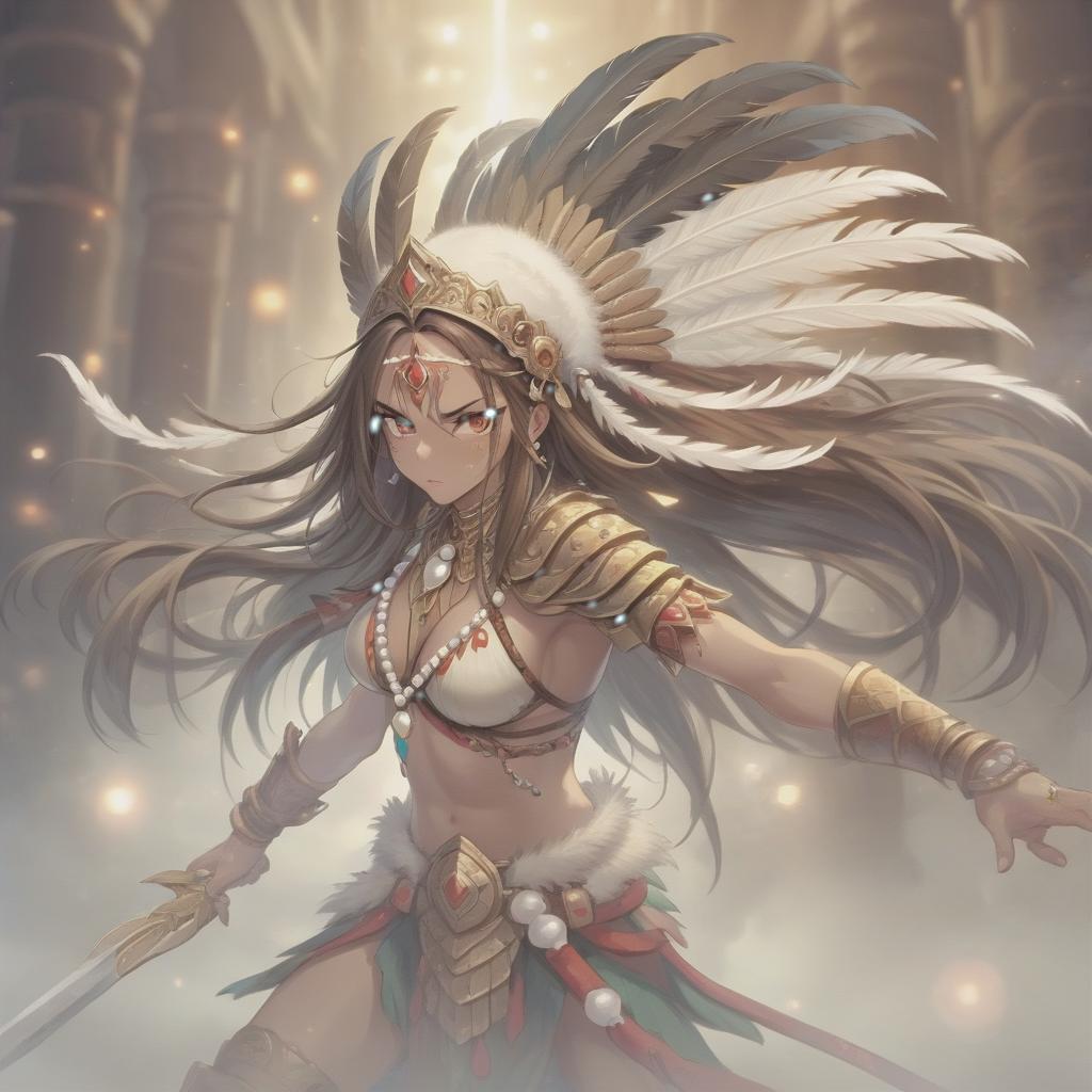  long exposure photo of rage strong amazonas warrior, long hair, tilting head down, mantle, shoulder pad feather, accessory necklace with pearls on the forehead . blurred motion, streaks of light, surreal, dreamy, ghosting effect, highly detailed, sticker, hkmagic