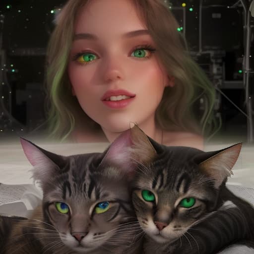  two cats, a girl with green eyes, vocals, notes, space, magic