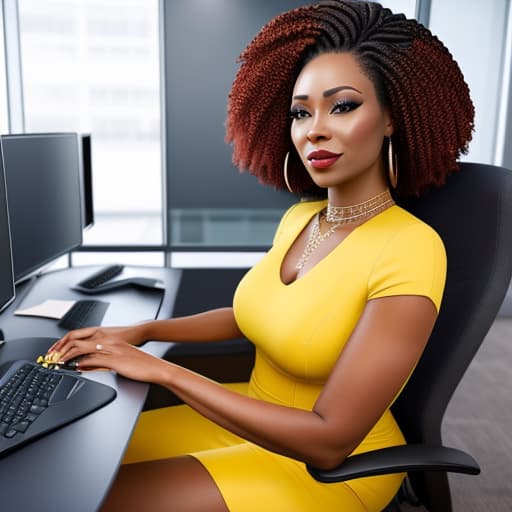  (African American woman, graphic designer, hair in locs in an updo style, woman sitting at a computer desk in a luxury office, woman is wearing a beautiful while and yellow dress), photorealistic, highly detailed, 4k, high quality hyperrealistic, full body, detailed clothing, highly detailed, cinematic lighting, stunningly beautiful, intricate, sharp focus, f/1. 8, 85mm, (centered image composition), (professionally color graded), ((bright soft diffused light)), volumetric fog, trending on instagram, trending on tumblr, HDR 4K, 8K