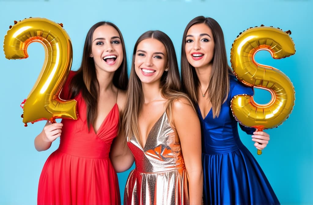  4 smiling cute young beautiful women in stylish party dresses holding foil balloons in the form of numbers "2025" on a light blue background ar 3:2, (natural skin texture), highly detailed face, depth of field, hyperrealism, soft light, muted colors