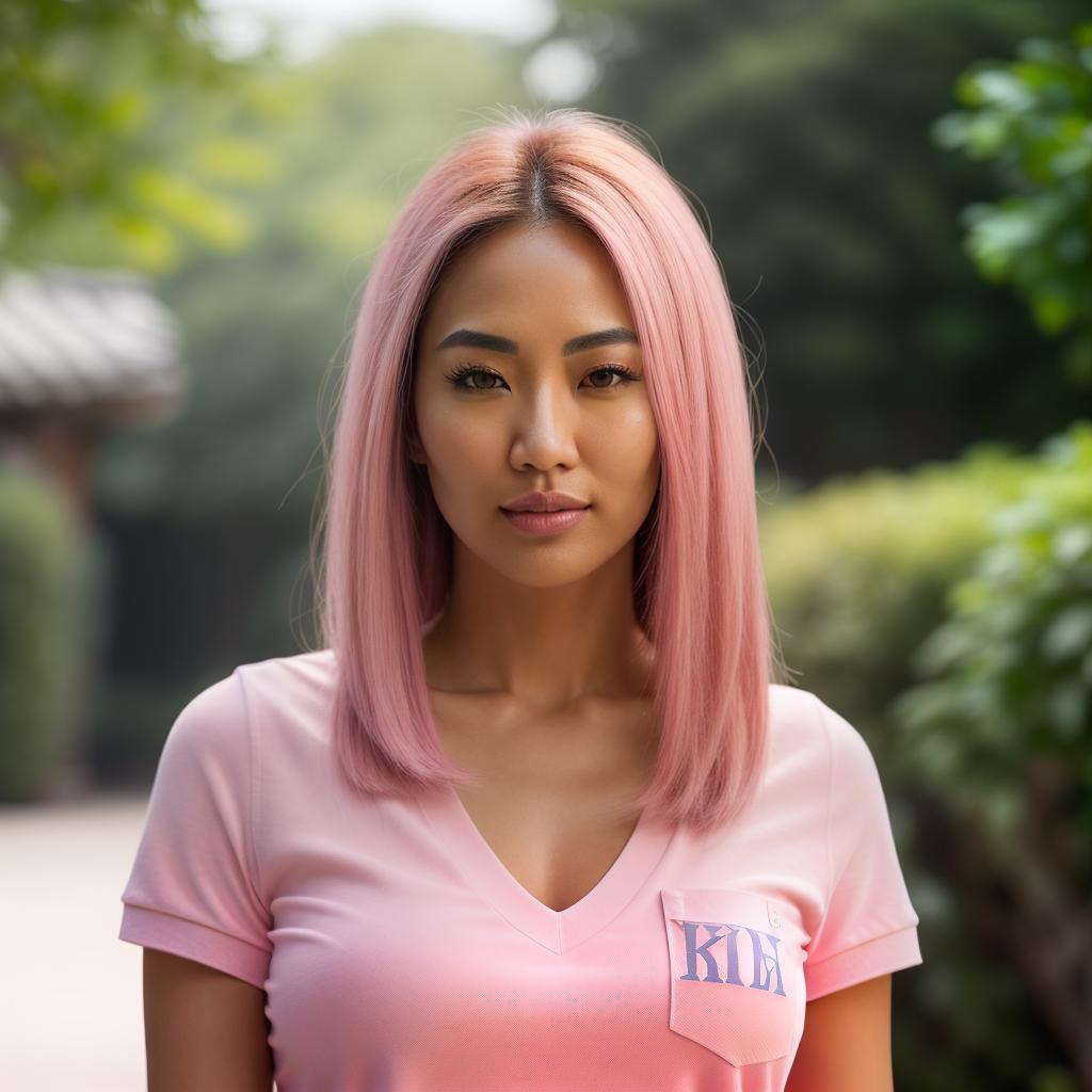  (((realistic full torso frontal head shot of a light tan skin tone woman))), hana yun hee nam, ((korean heritage)), immature face, blue eye color, ((straight hair style)), ((pink hair color)), ((skinny body type)), medium size, athletic size, (immature small straight nose), (immature defined cheekbones), (immature soft jawline), (immature full lips), (immature smooth forehead), (immature natural eyebrows), (immature dimpled chin), standing straight looking directly into the camera,((wearing fitted polo shirt with deep v neck and monogrammed pocket)), backyard in background, 1, best quality, highest quality, award winning photo, masterpiece, raw, professional photography, photorealism, sharp focus, cinematic, high resolu hyperrealistic, full body, detailed clothing, highly detailed, cinematic lighting, stunningly beautiful, intricate, sharp focus, f/1. 8, 85mm, (centered image composition), (professionally color graded), ((bright soft diffused light)), volumetric fog, trending on instagram, trending on tumblr, HDR 4K, 8K