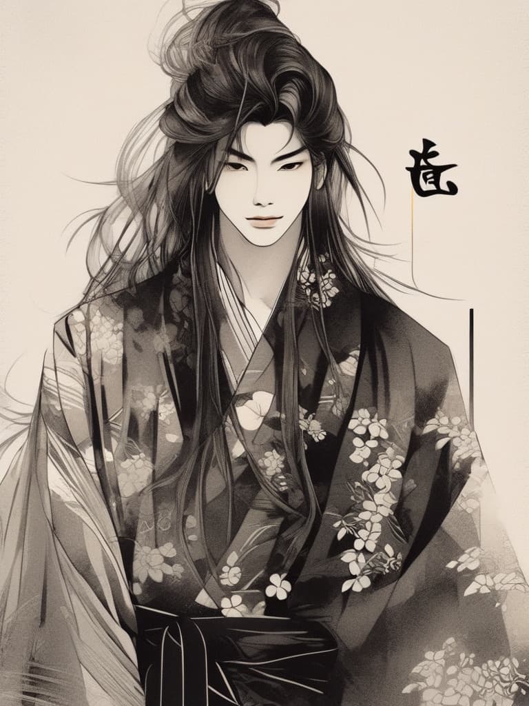  line art drawing the image is a stylized black and white drawing of an asian man with long hair. the man is dressed in traditional clothing, wearing a kimono and a belt. he is wearing a pair of pants and has a flower in his hair, which adds a touch of elegance to his appearance. the image is painted in a sketchy style, giving it an artistic and timeless quality.. professional, sleek, modern, minimalist, graphic, line art, vector graphics