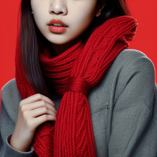  a woman with a red scarf around her neck and a red scarf around her neck and a red scarf around her neck, Jennie Kim, mannerism, perfect face, a poster