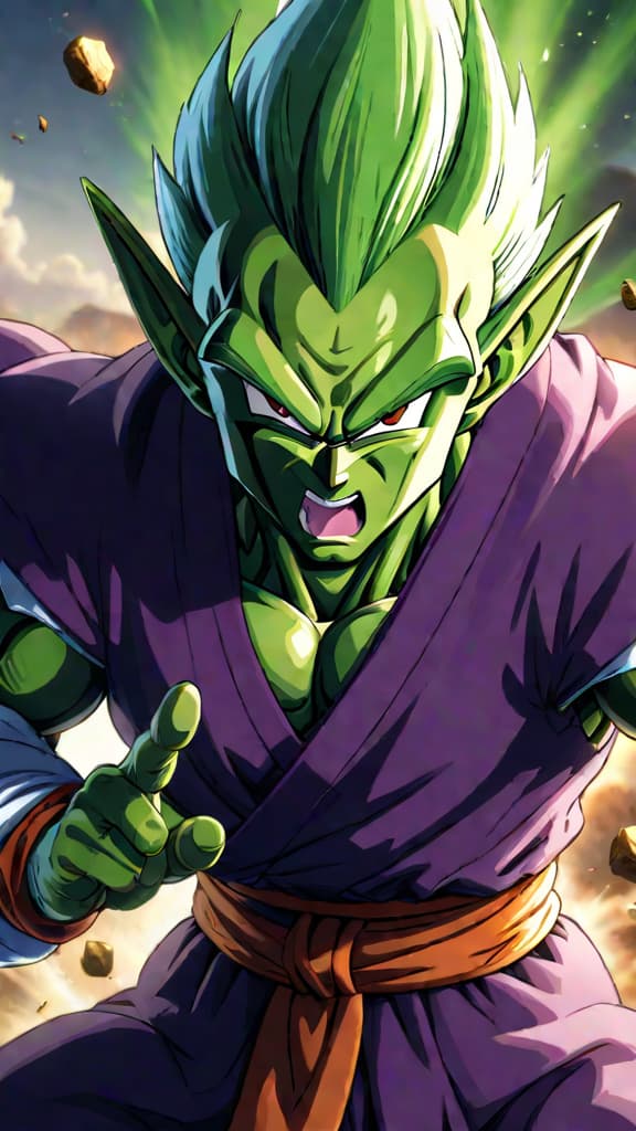  an anime art of piccolo from dragon ball z fusing with nail, enhancing their powers. hyperrealistic, full body, detailed clothing, highly detailed, cinematic lighting, stunningly beautiful, intricate, sharp focus, f/1. 8, 85mm, (centered image composition), (professionally color graded), ((bright soft diffused light)), volumetric fog, trending on instagram, trending on tumblr, HDR 4K, 8K