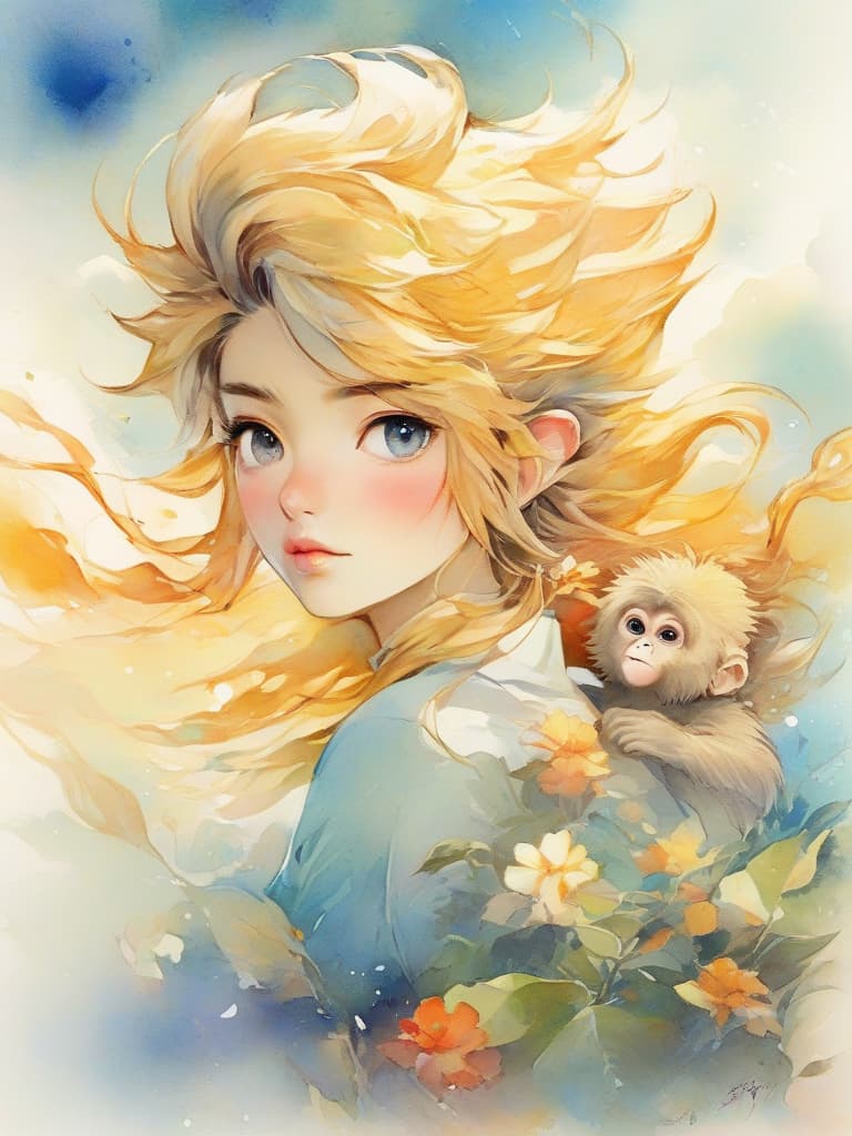  watercolor painting,instaport style, portrait of sun wukong, monkey face, soft blond hair, semi transparent gold rods, blurred edge lines, wearing simple cloths with a soft background of clouds and mountains, water colour effects, dream colour evolution, artistic sense, and a light and mysterious atmosphere。 [multi color watercolors with a white background], haze, film photography, light ethereal leaks, sharp focus, intricate highly detailed acrylic painting, palette knife and brush strokes, trending on artstation, trending on pixiv fanbox