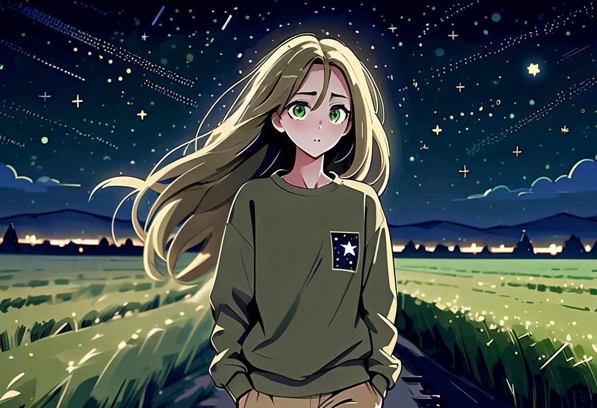  architectural style a girl in anime style with long hair runs around the field at night dressed in a khaki colored sweatshirt and pants. the girl looks at the starry sky at night with black lower eyelids under the eyes of a specific color full of fear of the unknown and curiosity. there are stars in the night sky. . clean lines, geometric shapes, minimalist, modern, architectural drawing, highly detailed