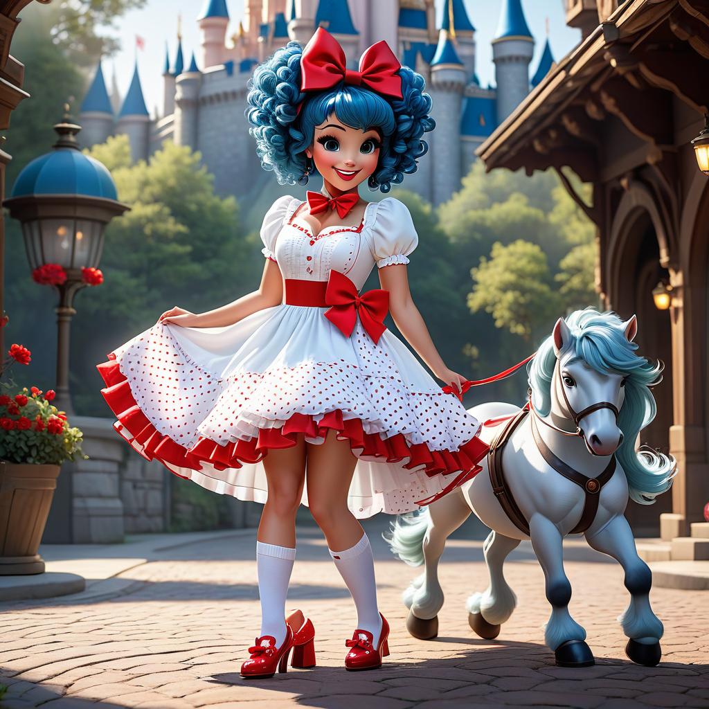  breathtaking cute mischievous with curly blue hair and a big red bow on her head, smiling, dressed in a white dress with red polka dots, puffy , white socks on her feet, beautiful red shoes. sits on horseback. cartoon image in disney style . award winning, professional, highly detailed hyperrealistic, full body, detailed clothing, highly detailed, cinematic lighting, stunningly beautiful, intricate, sharp focus, f/1. 8, 85mm, (centered image composition), (professionally color graded), ((bright soft diffused light)), volumetric fog, trending on instagram, trending on tumblr, HDR 4K, 8K