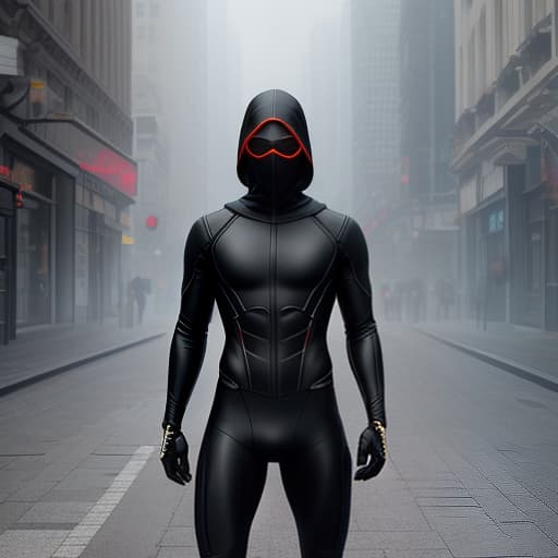  A person in a black balaclava and a black suit. hyperrealistic, full body, detailed clothing, highly detailed, cinematic lighting, stunningly beautiful, intricate, sharp focus, f/1. 8, 85mm, (centered image composition), (professionally color graded), ((bright soft diffused light)), volumetric fog, trending on instagram, trending on tumblr, HDR 4K, 8K