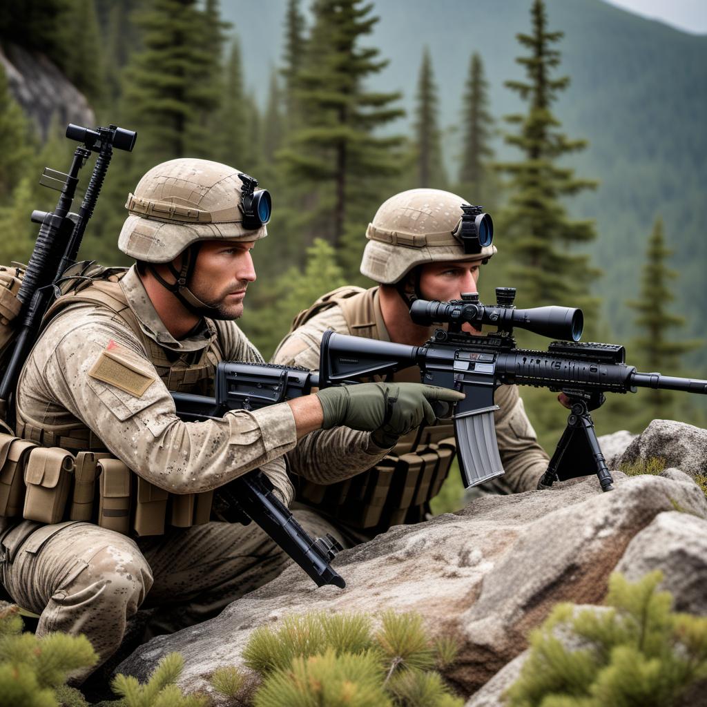  A special operations sniper team positioned on a mountain. The sniper is equipped with an M40A4 sniper rifle and the spotter is using a spotter scope with an M240 SAW next to him, which has a silencer mounted on the barrel. Both are dressed in Marine Corps woodland camouflage pattern, with their faces painted in camouflage. The landscape around them is rugged and mountainous, suggesting a high altitude location. The sky is clear but with a slight hint of dawn or dusk light. hyperrealistic, full body, detailed clothing, highly detailed, cinematic lighting, stunningly beautiful, intricate, sharp focus, f/1. 8, 85mm, (centered image composition), (professionally color graded), ((bright soft diffused light)), volumetric fog, trending on instagram, trending on tumblr, HDR 4K, 8K