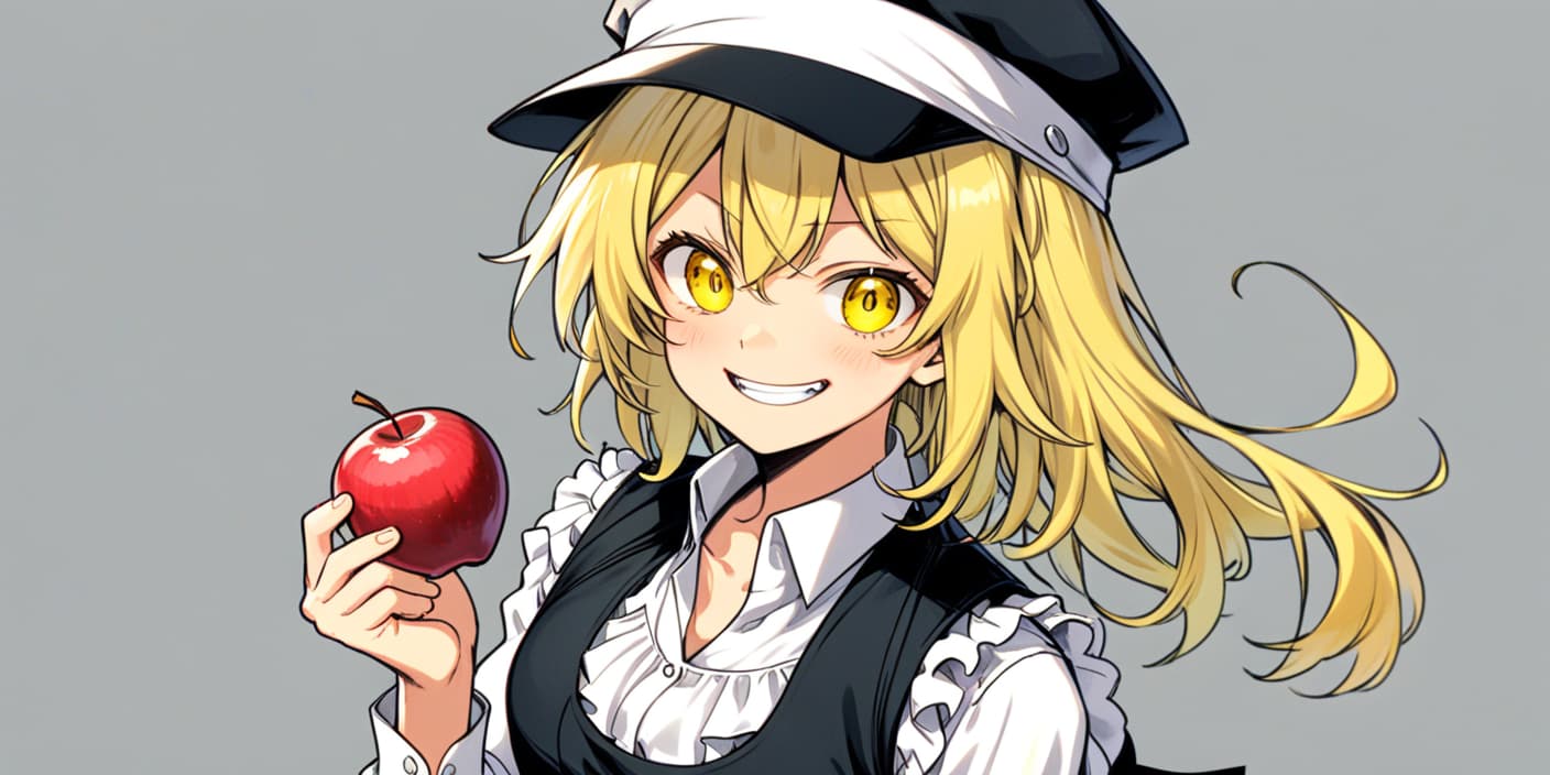  manga artwork ouhou, 1girl, kirisame marisa, apple, black headwear, black vest, blonde hair, food, frilled headwear, fruit, grin, hair between eyes, hand up, holding, holding food, holding fruit, long hair, looking at viewer, shirt, simple background, smile, solo, twitter username, upper body, vest, white background, white shirt, wrist cuffs, yellow eyes, . manga artist. manga, highly emotional. best quality, high resolution