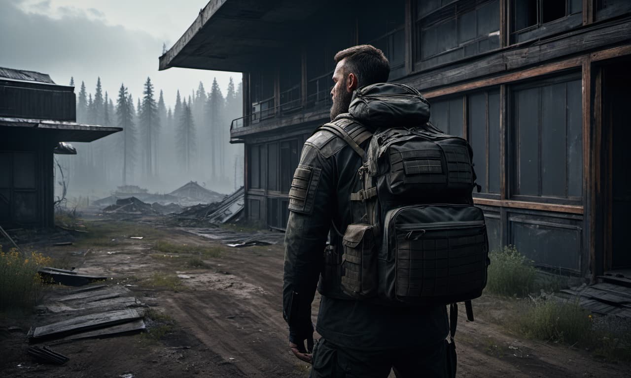  dystopian style escape from tarkov the man with the backpack, there's a black vortex around. against the background of the building and the woody hills . bleak, post apocalyptic, somber, dramatic, highly detailed hyperrealistic, full body, detailed clothing, highly detailed, cinematic lighting, stunningly beautiful, intricate, sharp focus, f/1. 8, 85mm, (centered image composition), (professionally color graded), ((bright soft diffused light)), volumetric fog, trending on instagram, trending on tumblr, HDR 4K, 8K