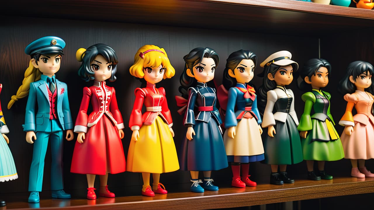  a vibrant display of rare anime figurines arranged on a wooden shelf, surrounded by protective acrylic cases, with soft lighting highlighting their intricate details and colors, evoking a sense of nostalgia and value. hyperrealistic, full body, detailed clothing, highly detailed, cinematic lighting, stunningly beautiful, intricate, sharp focus, f/1. 8, 85mm, (centered image composition), (professionally color graded), ((bright soft diffused light)), volumetric fog, trending on instagram, trending on tumblr, HDR 4K, 8K