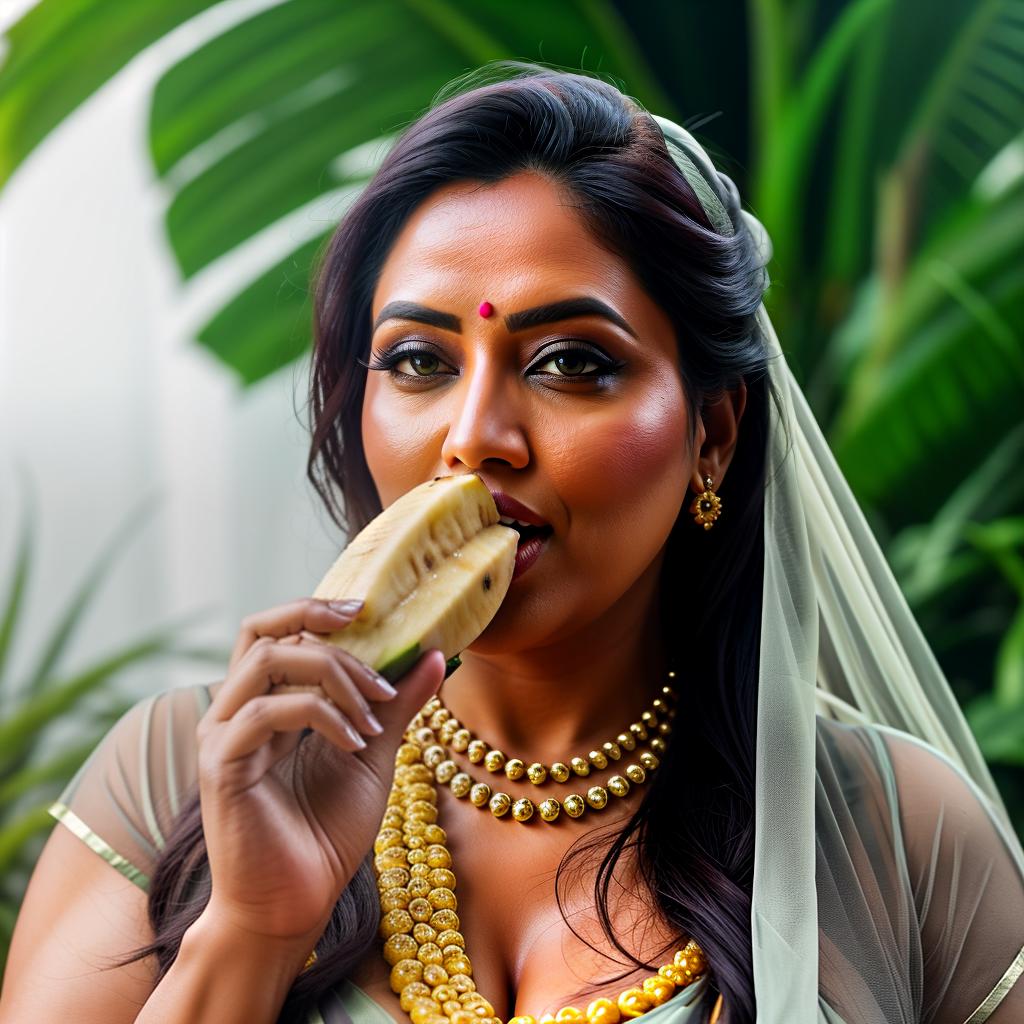  A Huge chubby Woman Eating Big Banana in, Saree and pallu, Clean face, Banana Trees, No saturation, low vibrant, portrait hyperrealistic, full body, detailed clothing, highly detailed, cinematic lighting, stunningly beautiful, intricate, sharp focus, f/1. 8, 85mm, (centered image composition), (professionally color graded), ((bright soft diffused light)), volumetric fog, trending on instagram, trending on tumblr, HDR 4K, 8K