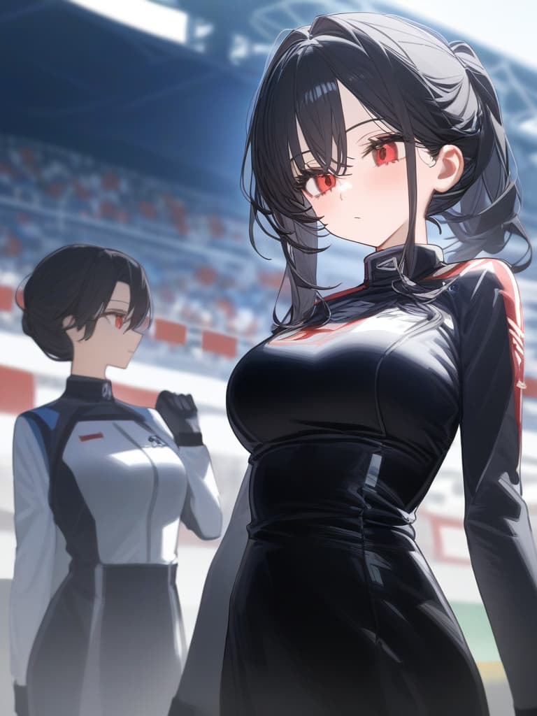  masterpiece,1girl,black hair,red eyes,long hair,slender,black dress,dress head,race gloves,black race,